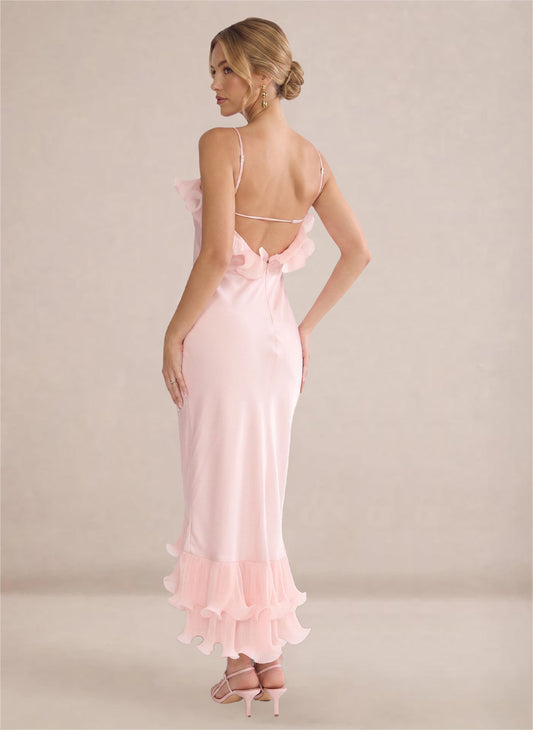 Women's Pink Ruffles Chiffon Backless Formal Wedding Guest Dress 1