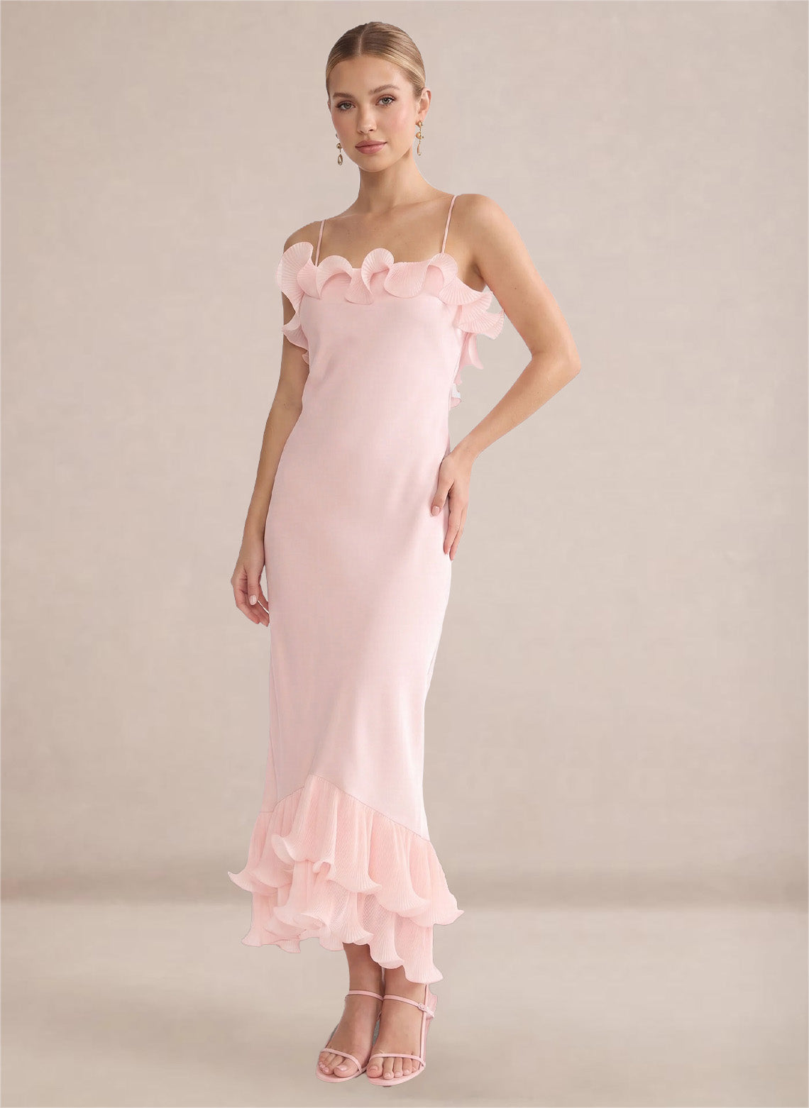 Women's Pink Ruffles Chiffon Layer Formal Wedding Guest Dress 2
