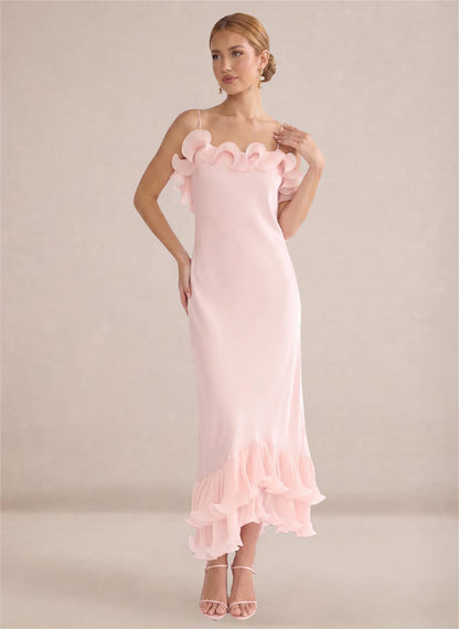 Women's Pink Ruffles Chiffon Layer Formal Wedding Guest Dress 3