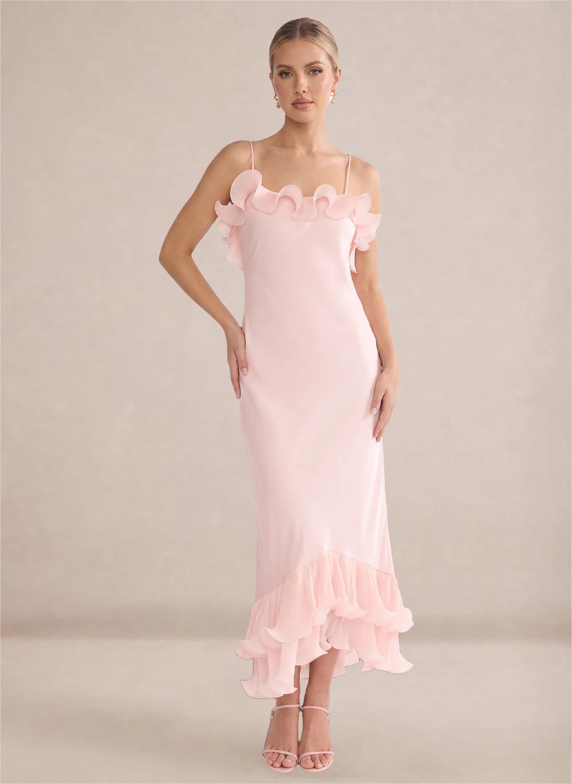 Women's Pink Ruffles Chiffon Layer Formal Wedding Guest Dress 4