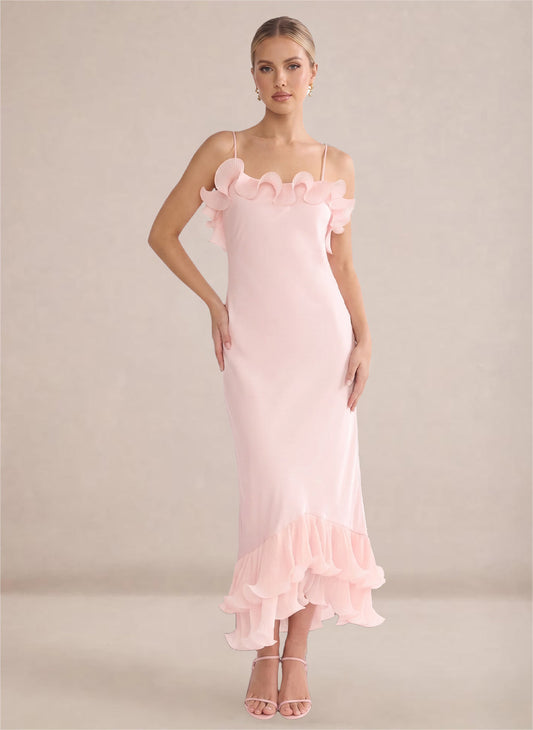 Women's Pink Ruffles Chiffon Layer Formal Wedding Guest Dress 4