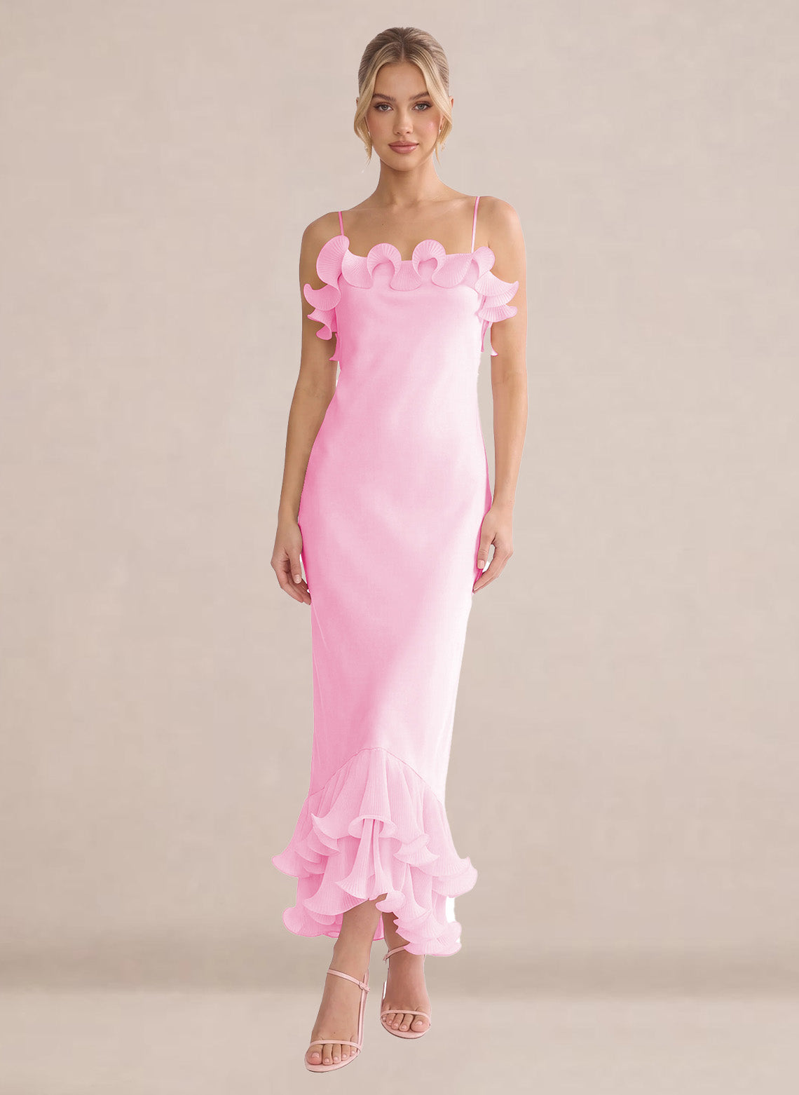 Ruffles Chiffon Layer Midi Formal Wedding Guest Dresses