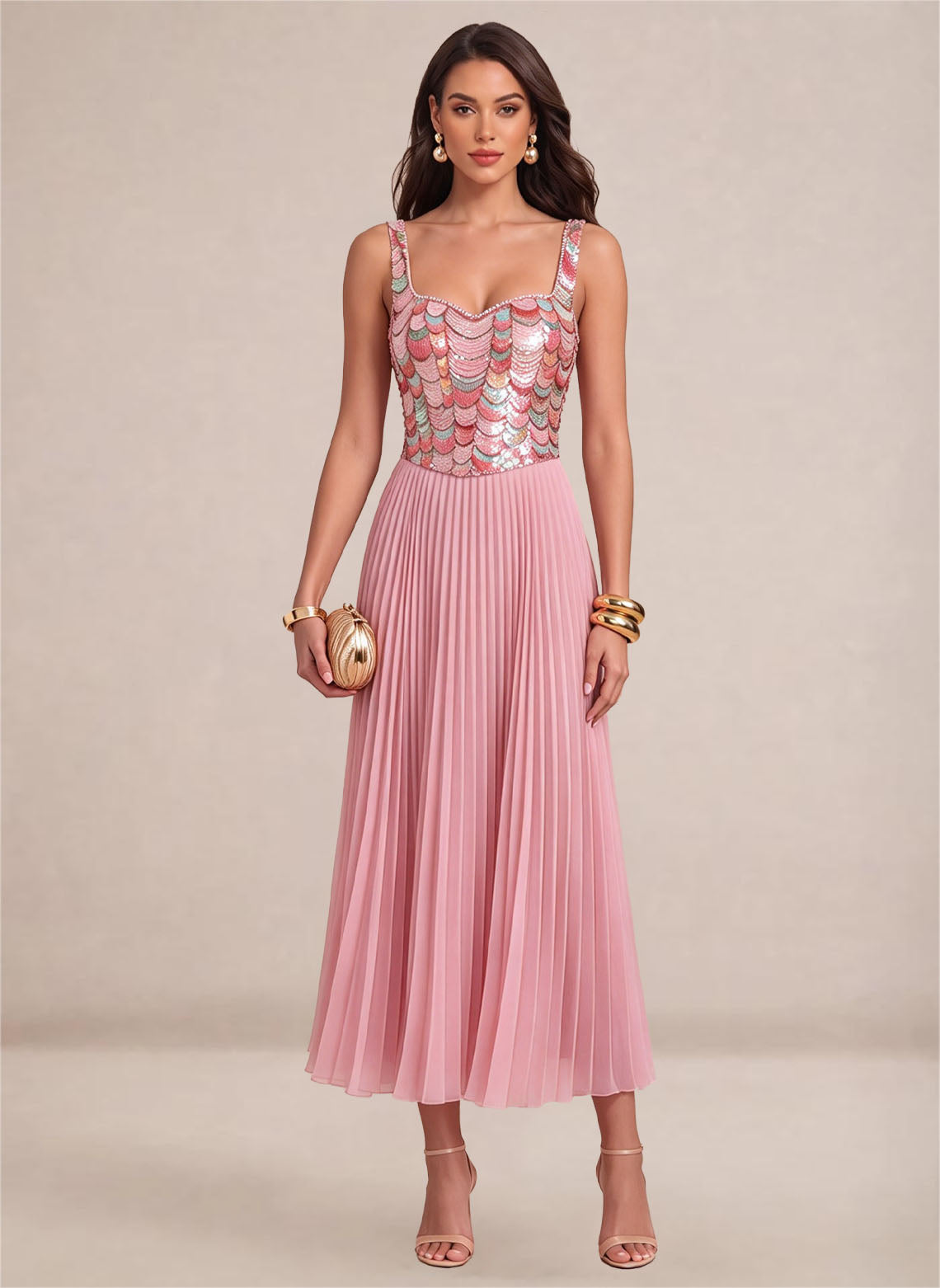Women's Pink Sparkly Sequin A Line Pearl Midi Formal Prom Dress 1