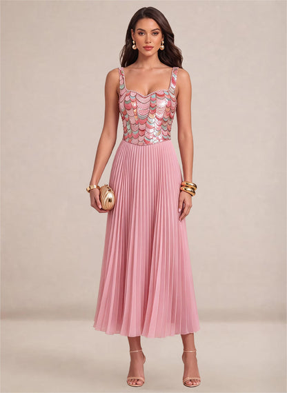 Women's Pink Sparkly Sequin A Line Pearl Midi Formal Prom Dress 1
