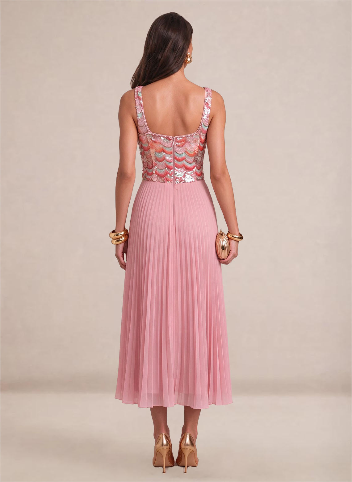 Women's Pink Sparkly Sequin A Line Pearl Midi Formal Prom Dress 2