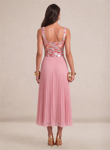 Women's Pink Sparkly Sequin A Line Pearl Midi Formal Prom Dress 2