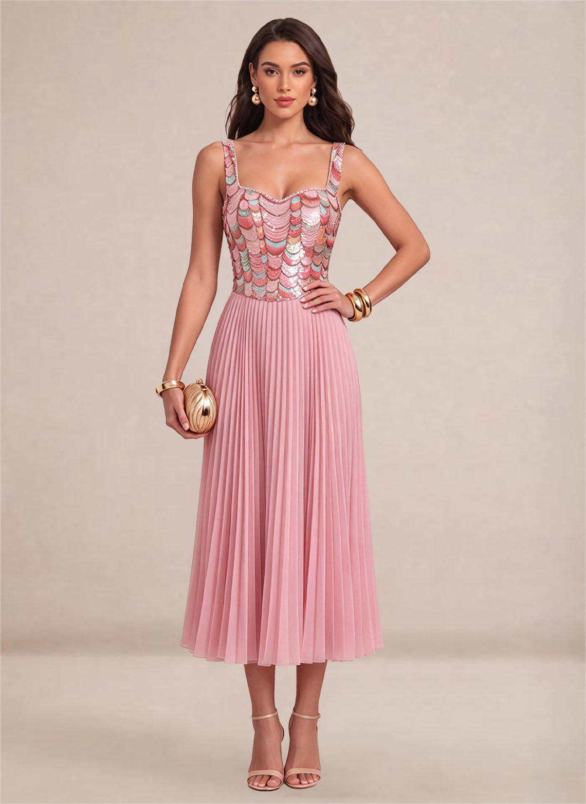 Women's Pink Sparkly Sequin A Line Pearl Midi Formal Prom Dress 3