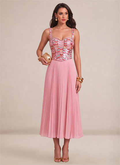 Women's Pink Sparkly Sequin A Line Pearl Midi Formal Prom Dress 4