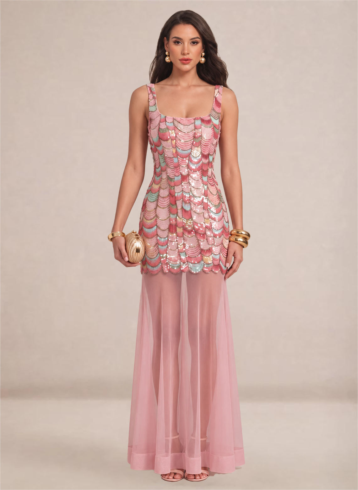 Women's Pink Sparkly Sequin Mermaid Square Neck Long Formal Prom Dresses 1