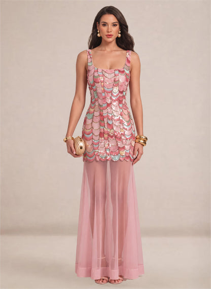 Women's Pink Sparkly Sequin Mermaid Square Neck Long Formal Prom Dresses 1