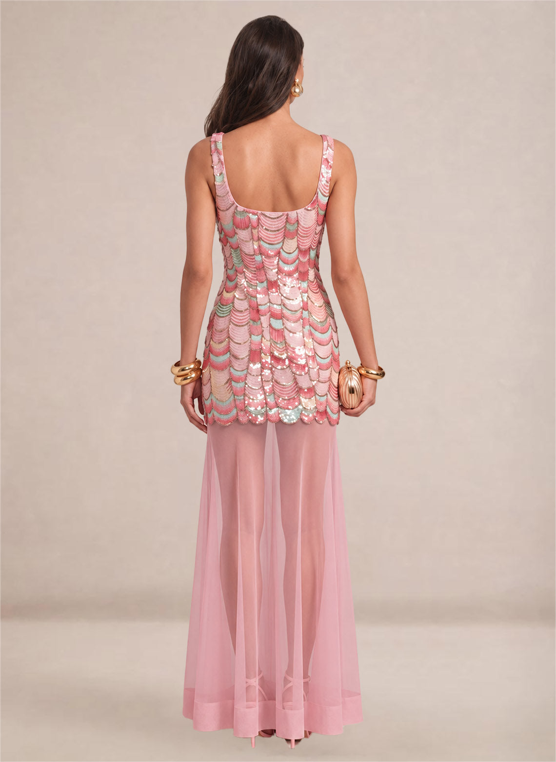 Women's Pink Sparkly Sequin Mermaid Square Neck Long Formal Prom Dresses 2