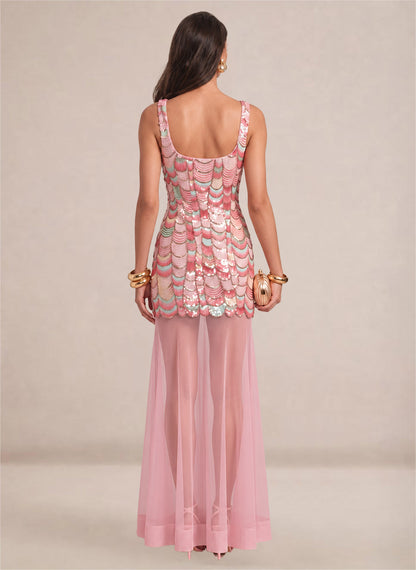 Women's Pink Sparkly Sequin Mermaid Square Neck Long Formal Prom Dresses 2