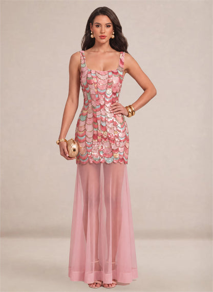 Women's Pink Sparkly Sequin Mermaid Square Neck Long Formal Prom Dresses 3