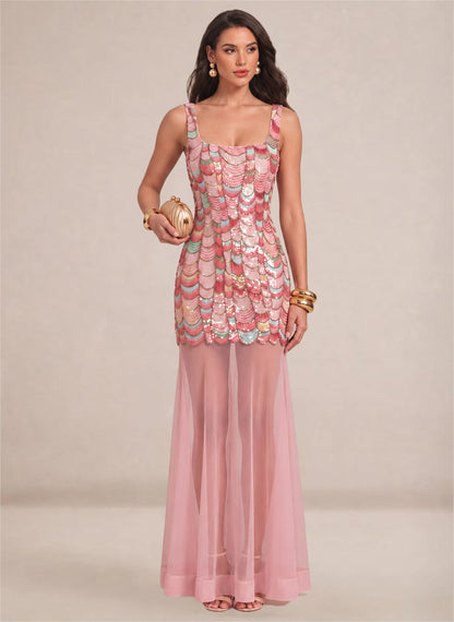 Women's Pink Sparkly Sequin Mermaid Square Neck Long Formal Prom Dresses 4