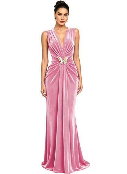 Women's Velvet V Neck Mermaid Formal Wedding Guest Dress