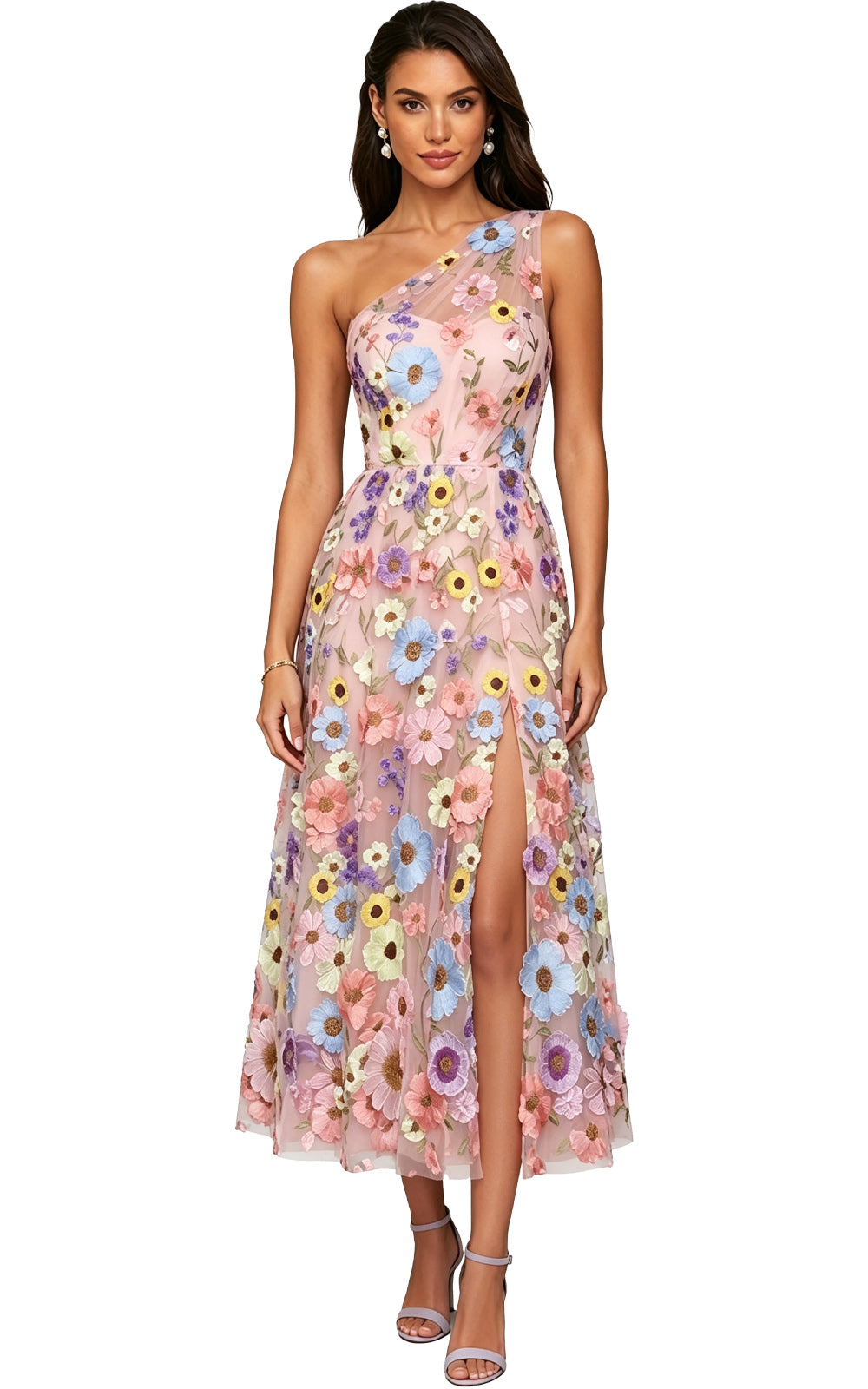 Floral Appliqued One Shoulder Long Formal Dress