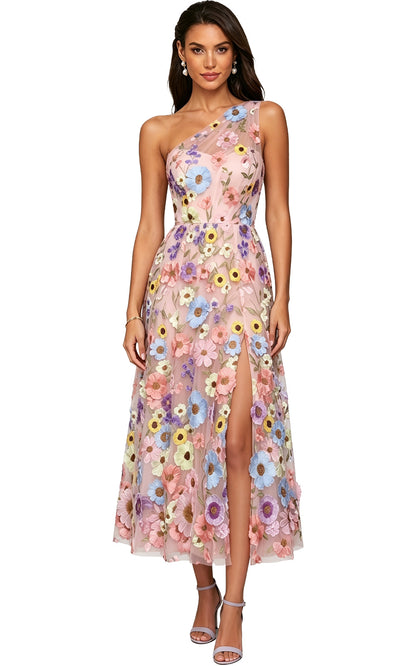 Floral Appliqued One Shoulder Long Formal Dress