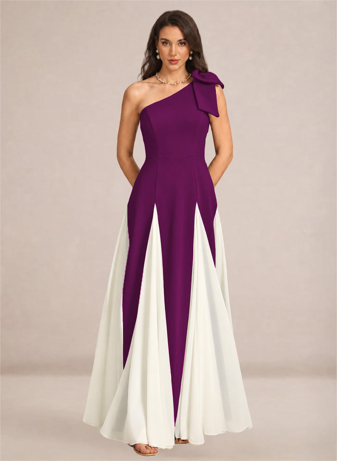 Satin One Shoulder A-line Patchwork Maxi Dress
