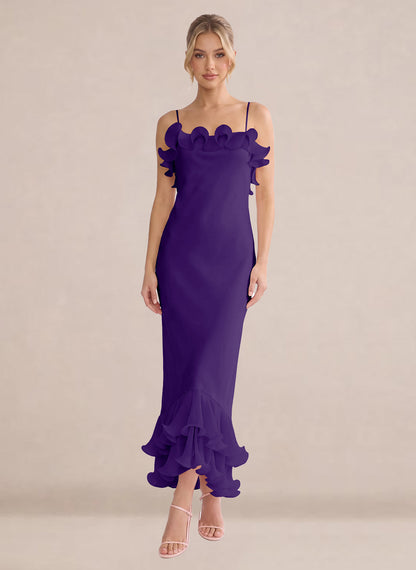 Ruffles Chiffon Layer Midi Formal Wedding Guest Dresses