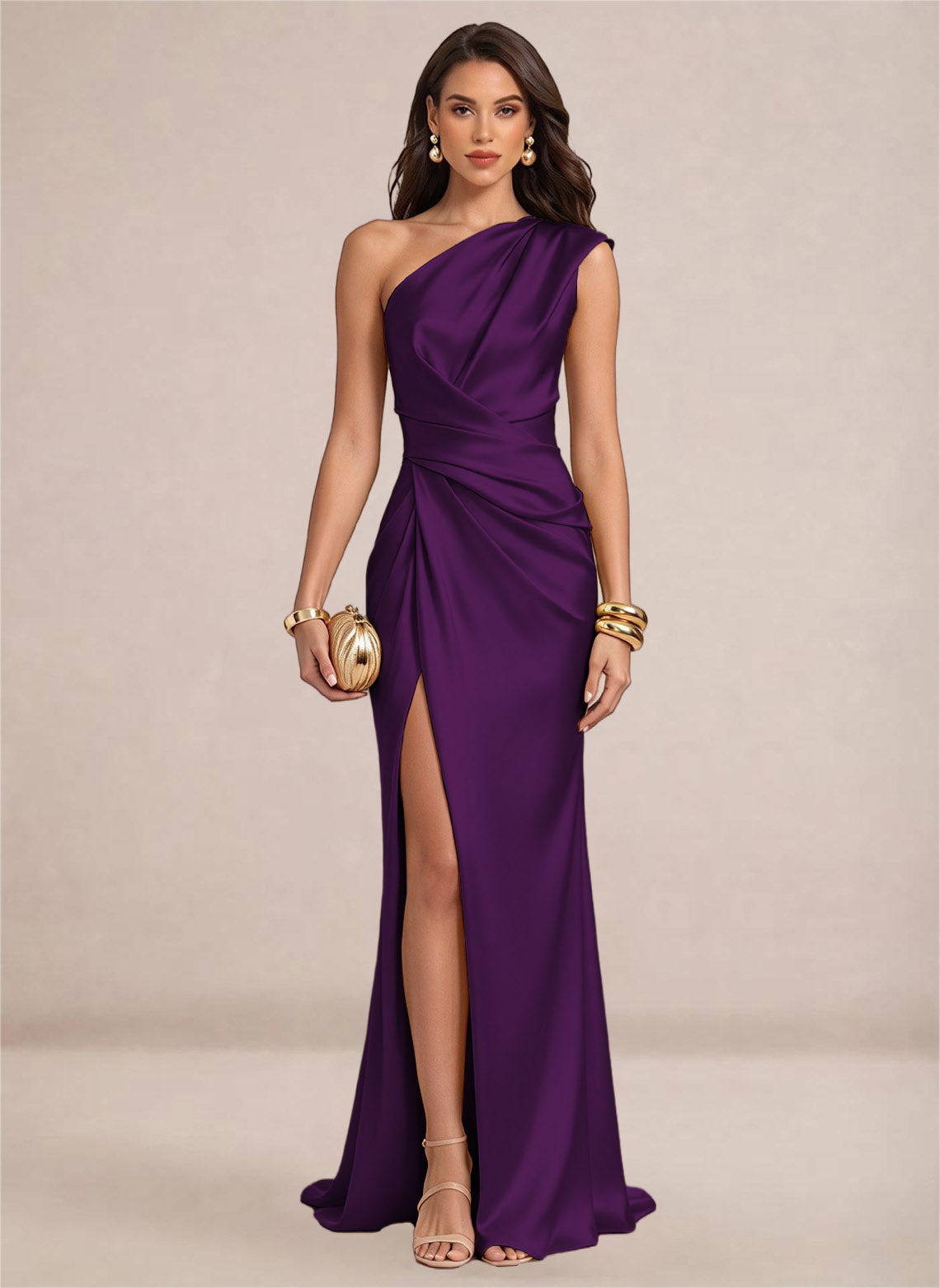 Satin One Shoulder Ruffles Mermaid Maxi Dress with Slit