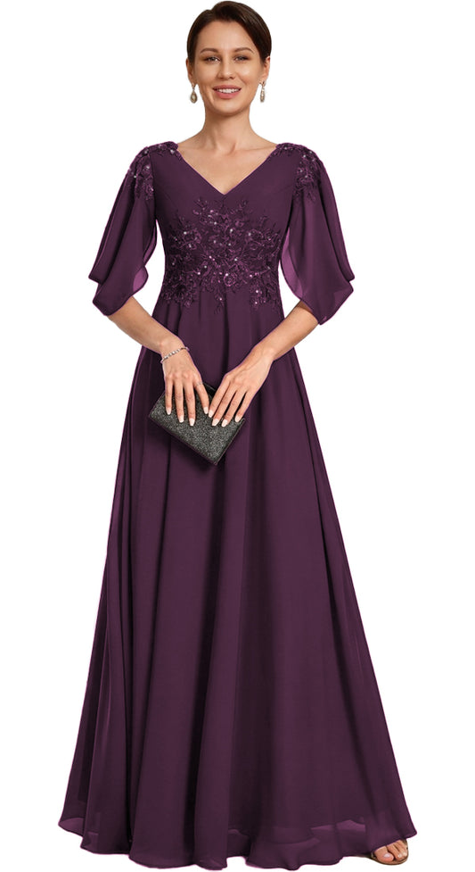 V Neck Chiffon A Line Sequin Lace Dress