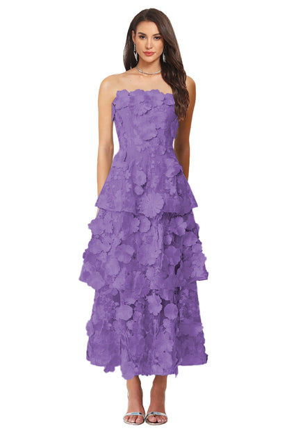 Floral Appliqued Tea Length Formal Wedding Guest Dress