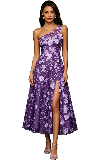 Floral Appliqued One Shoulder Long Formal Dress