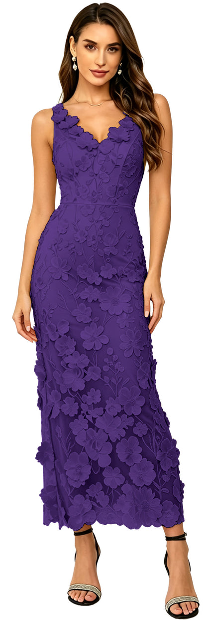 Floral Appliqued V Neck Long Formal Dress