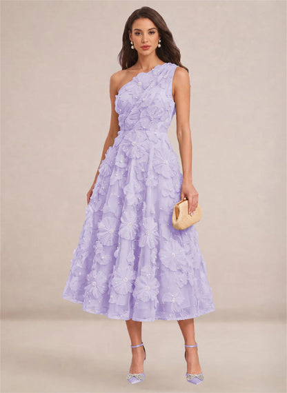 Floral One Shoulder A-line Midi Formal Wedding Guest Dresses