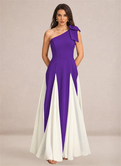 Satin One Shoulder A-line Patchwork Maxi Dress