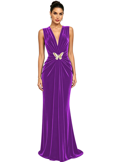 Women's Velvet V Neck Mermaid Formal Wedding Guest Dress