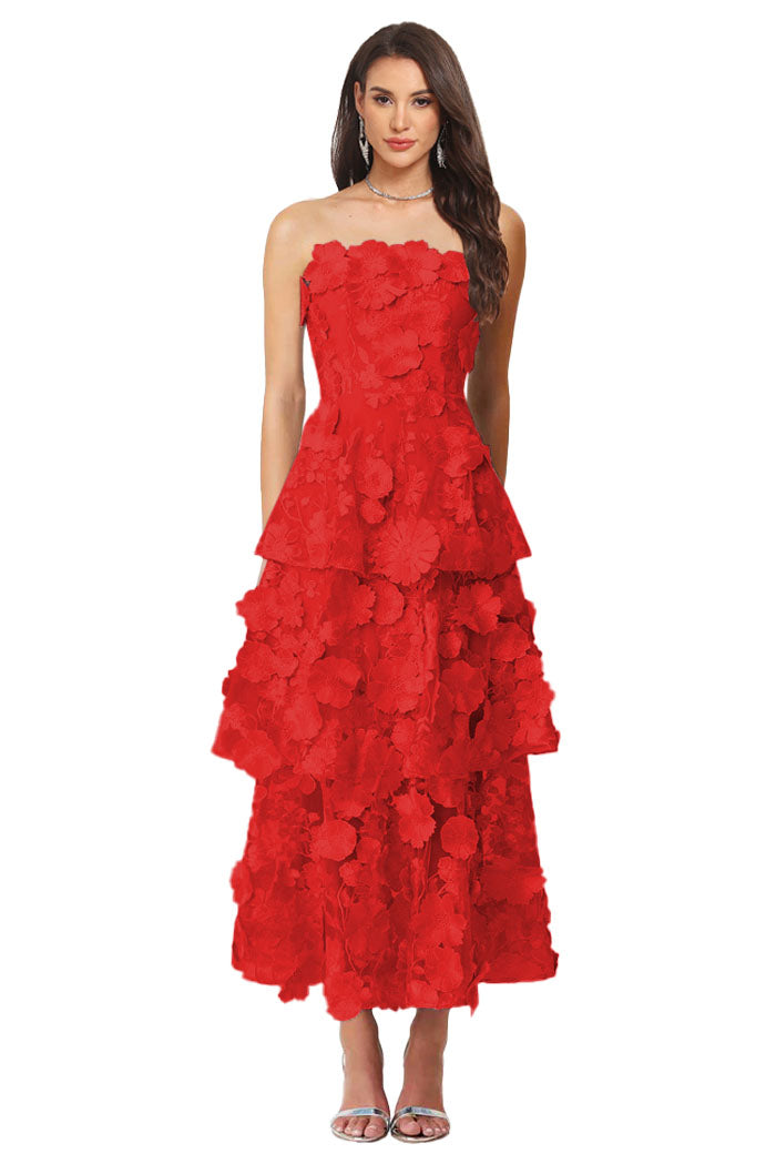 Floral Appliqued Tea Length Formal Wedding Guest Dress
