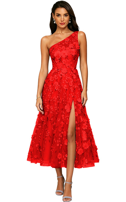 Floral Appliqued One Shoulder Long Formal Dress