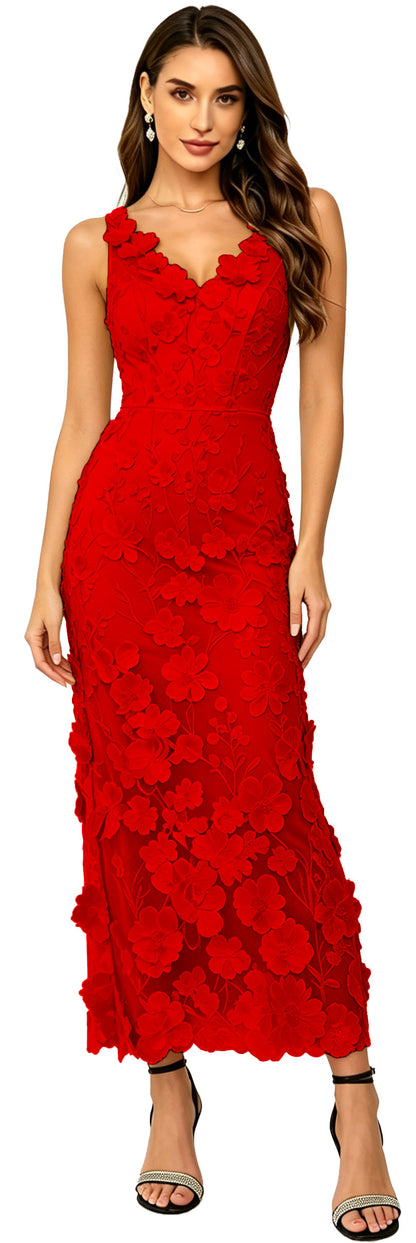 Floral Appliqued V Neck Long Formal Dress