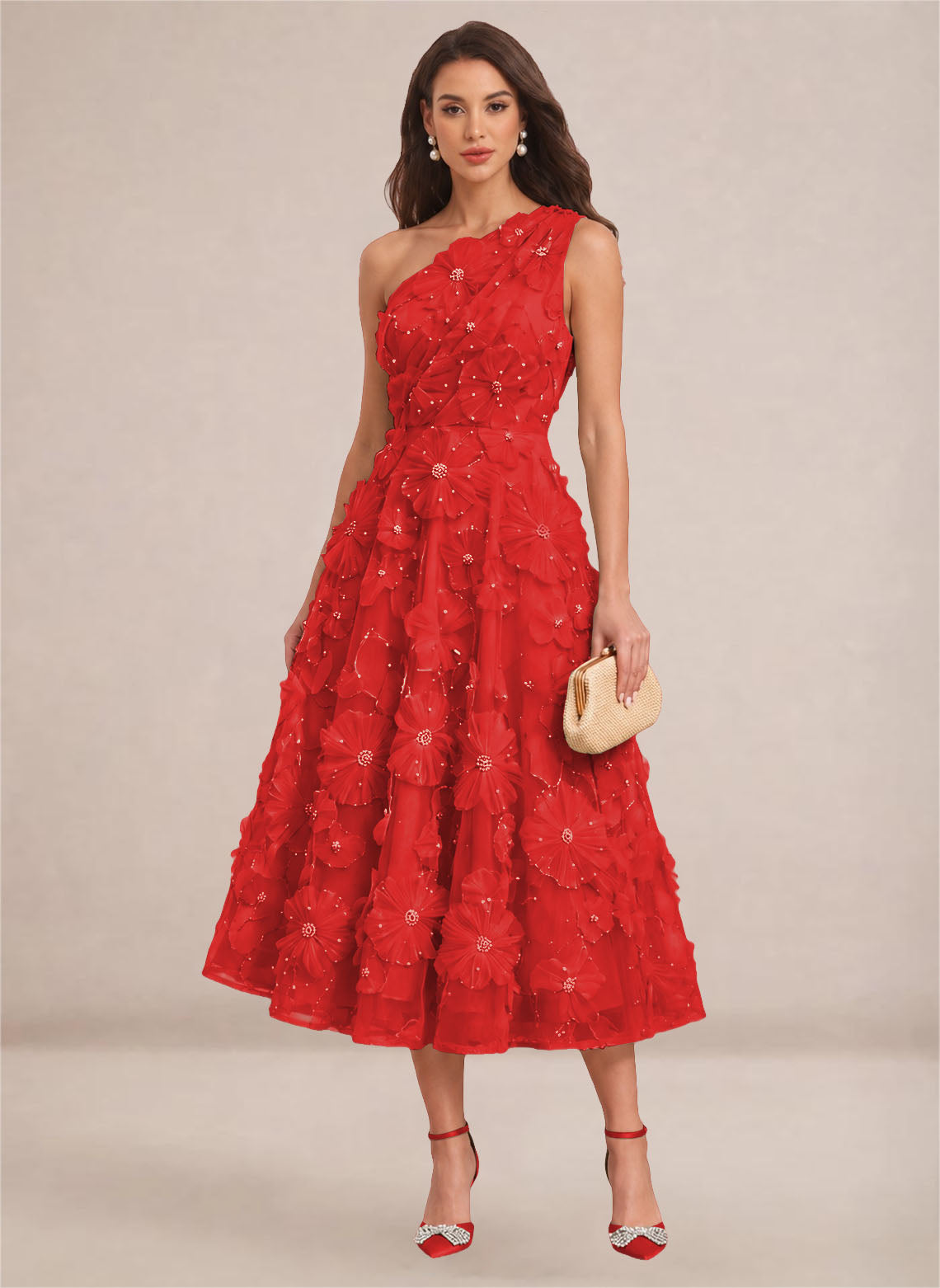 Floral One Shoulder A-line Midi Formal Wedding Guest Dresses
