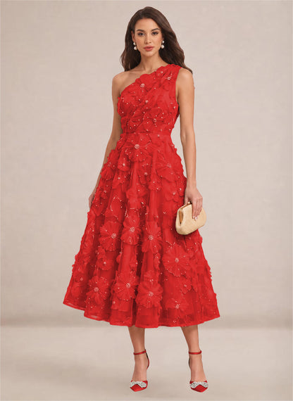 Floral One Shoulder A-line Midi Formal Wedding Guest Dresses