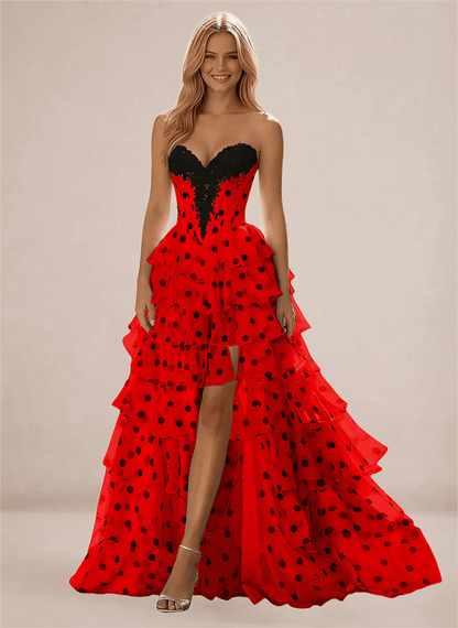 Polka Dots Strapless Tiered Ball Gown Prom Dresses