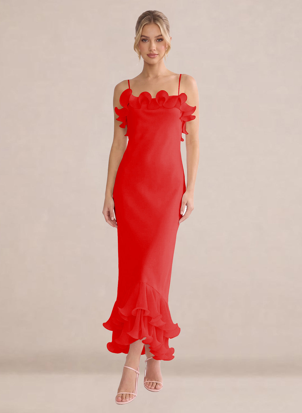 Ruffles Chiffon Layer Midi Formal Wedding Guest Dresses