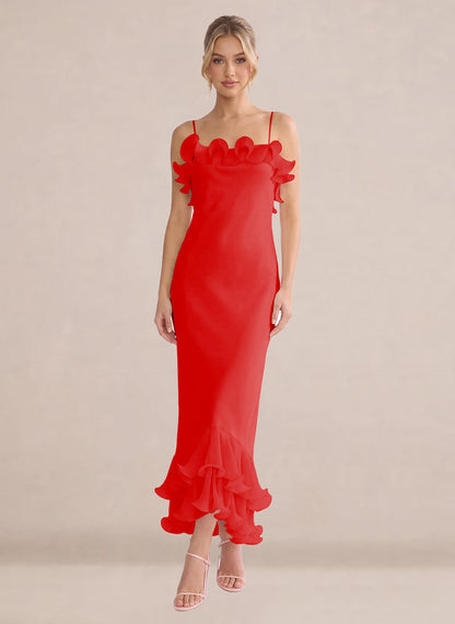 Ruffles Chiffon Layer Midi Formal Wedding Guest Dresses