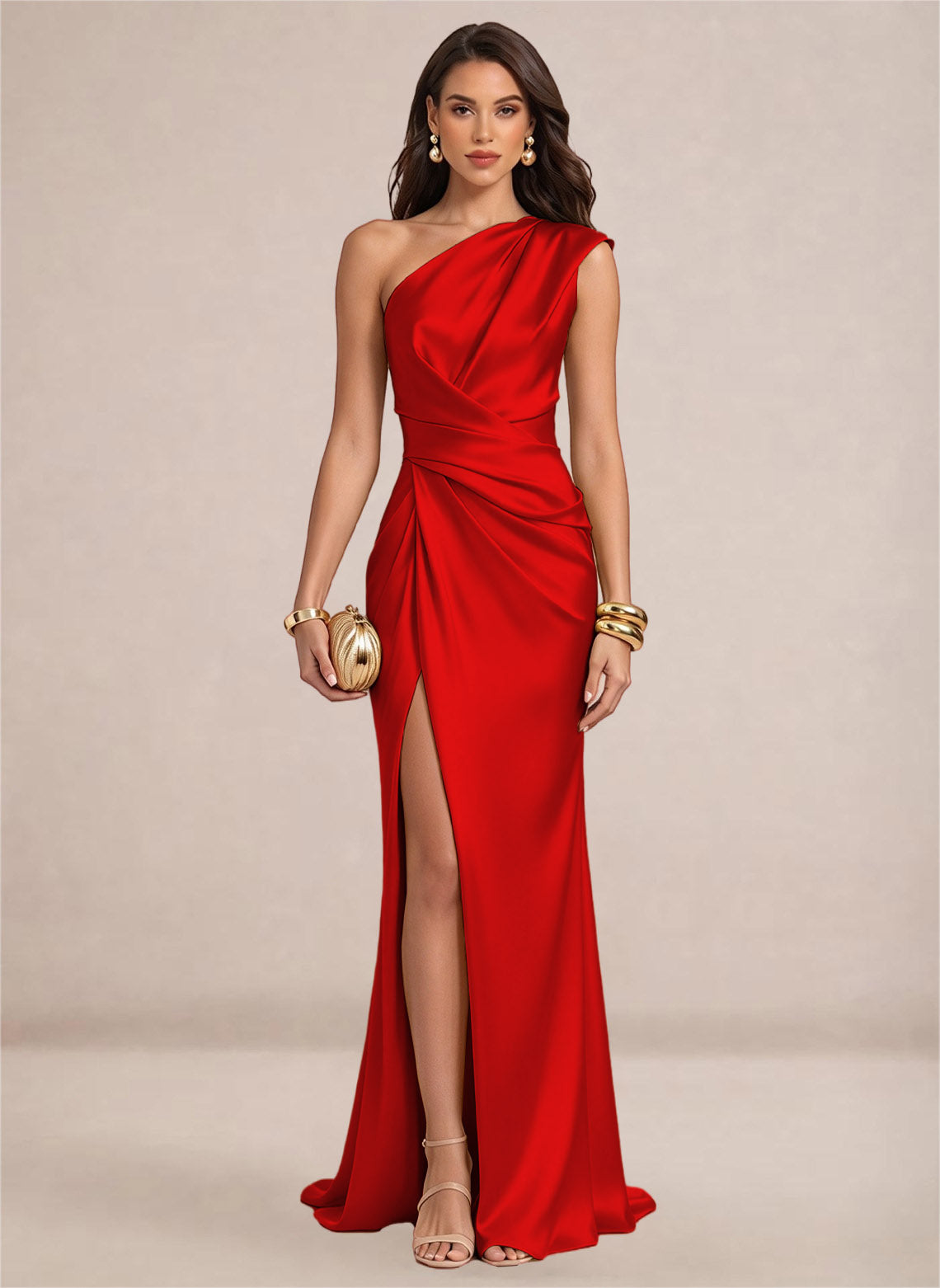 Satin One Shoulder Ruffles Mermaid Maxi Dress with Slit