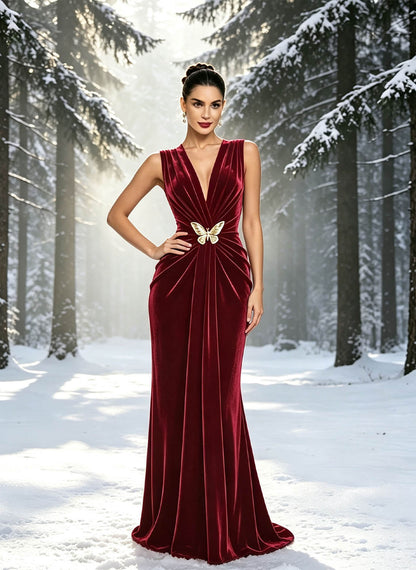Women's Red Velvet V Neck Mermaid Long Formal Prom Dress 4