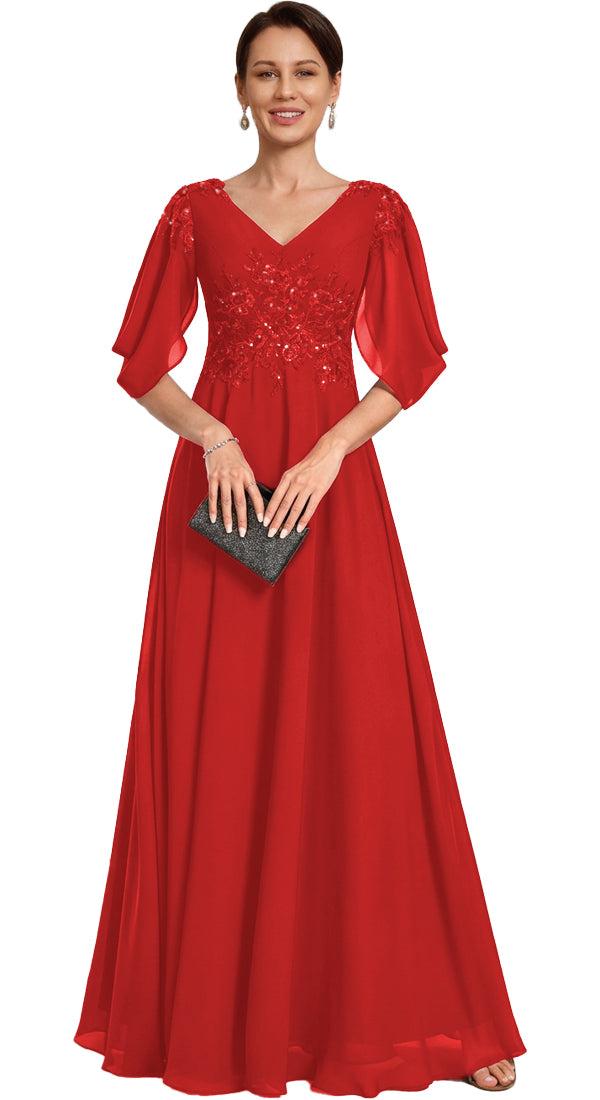 V Neck Chiffon A Line Sequin Lace Dress