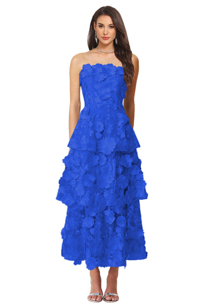 Floral Appliqued Tea Length Formal Wedding Guest Dress