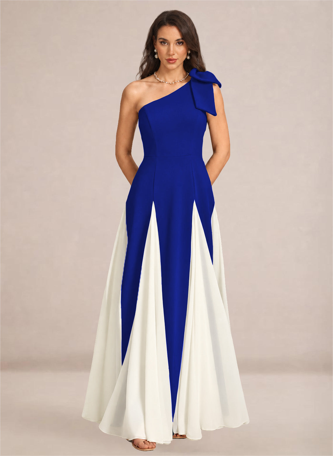 Satin One Shoulder A-line Patchwork Maxi Dress