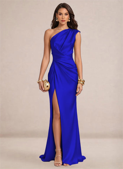 Satin One Shoulder Ruffles Mermaid Maxi Dress with Slit