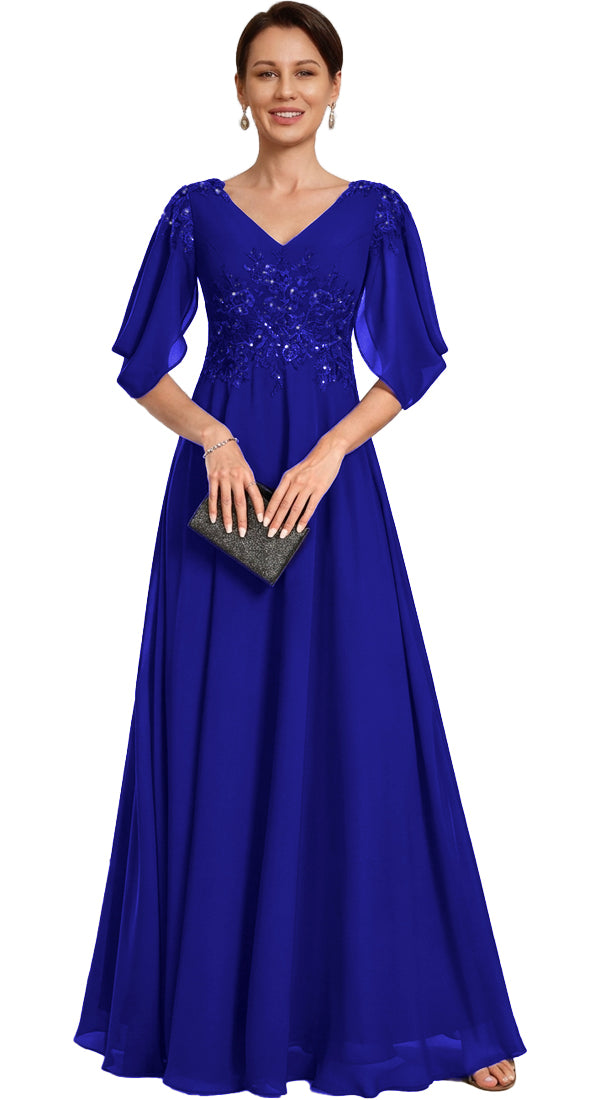 V Neck Chiffon A Line Sequin Lace Dress