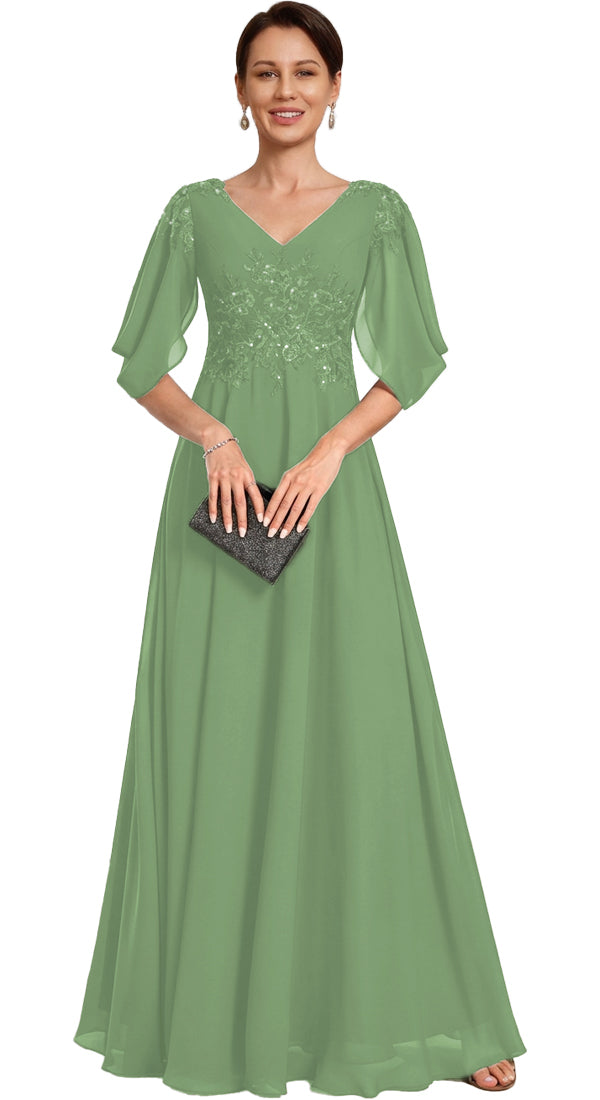 V Neck Chiffon A Line Sequin Lace Dress