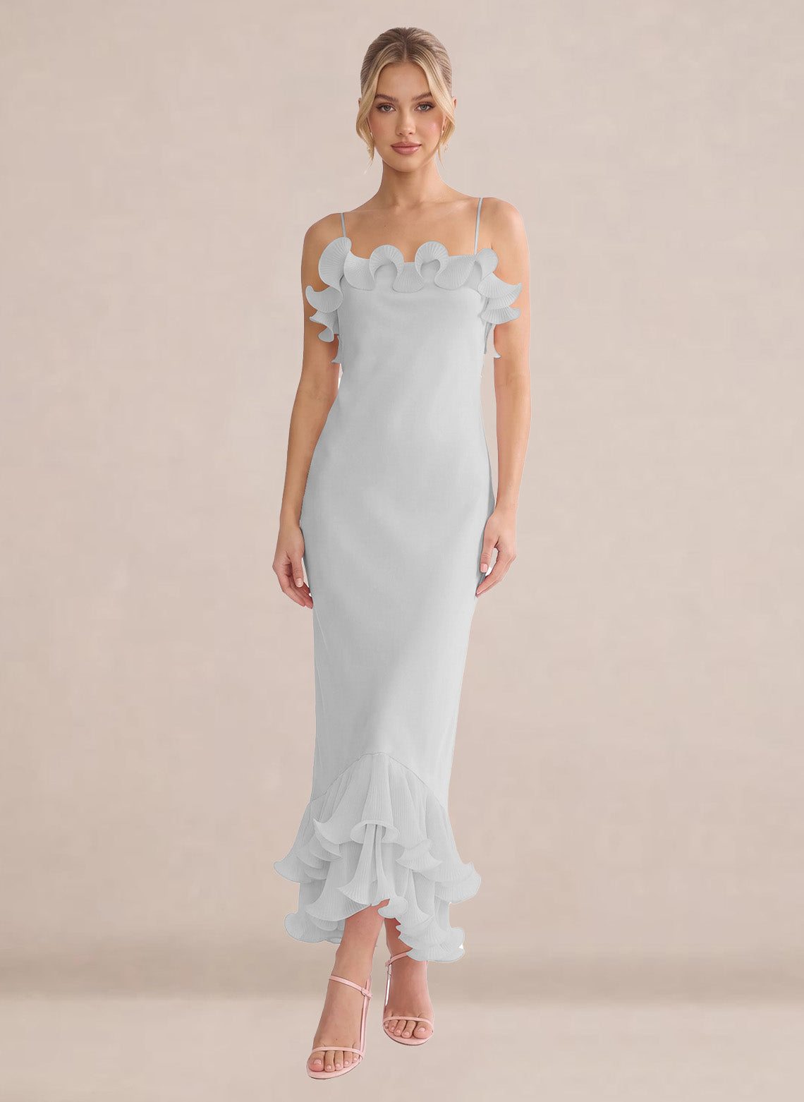 Ruffles Chiffon Layer Midi Formal Wedding Guest Dresses