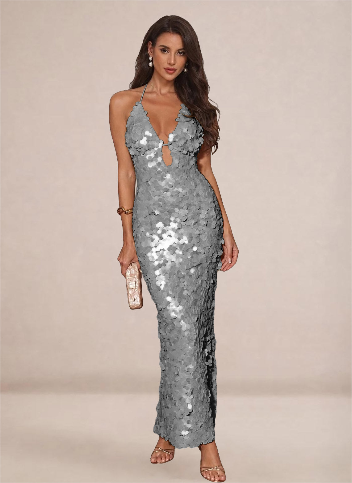 Sparkly Sequin V-neck Mermaid Maxi Dress
