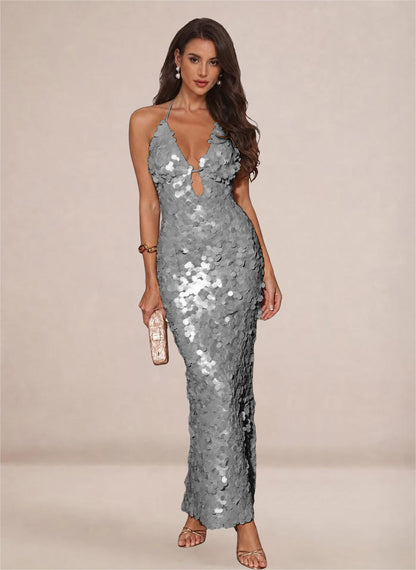 Sparkly Sequin V-neck Mermaid Maxi Dress